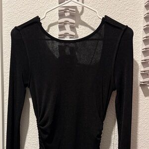 Kittenish Black Long Sleeve Sheer Ruched Low Back Dress